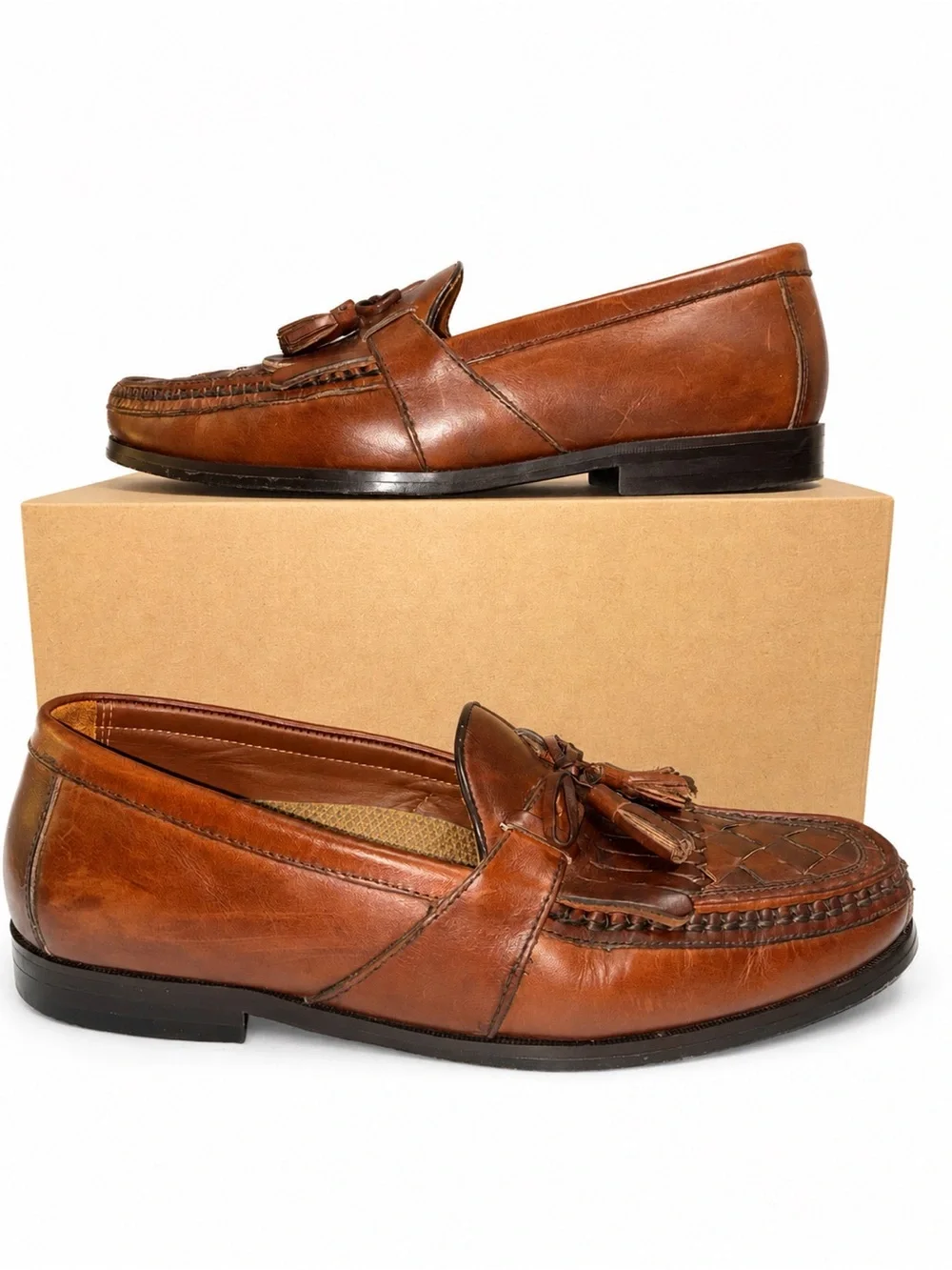 Johnston & Murphy Halsey Brown Woven Leather Tassel Loafers Men’s 10.5M Kiltie
